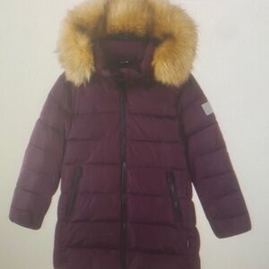 Purple Puffer Coat with Faux Fur Hood